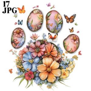 Floral Paw Prints Clipart, clipart patte, fleurs printanières, 17 JPG haute qualité, téléchargement numérique, fabrication de cartes, des cliparts aquarelle, Junk Journal