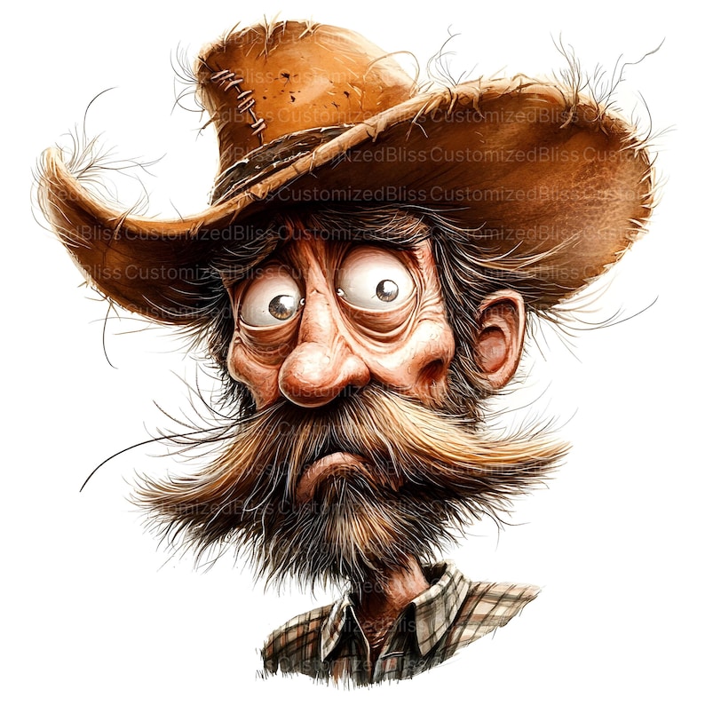May include: A cartoon illustration of a man with a long, bushy beard and mustache wearing a brown cowboy hat with frayed edges. He has a worried expression on his face.