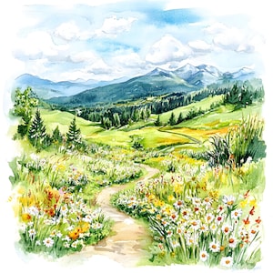 Op de afbeelding: Een aquarel schilderij van een kronkelend pad door een veld met wilde bloemen in een bergdal. Het pad leidt naar een ver weg gelegen bergketen met besneeuwde toppen. De lucht is blauw met witte wolken.