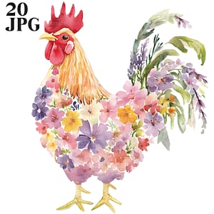20 imágenes prediseñadas de pollo floral, imágenes prediseñadas de gallo, imágenes prediseñadas de pollo cottagecore, imágenes prediseñadas de acuarela, diario basura, descarga digital, manualidades de papel, JPG