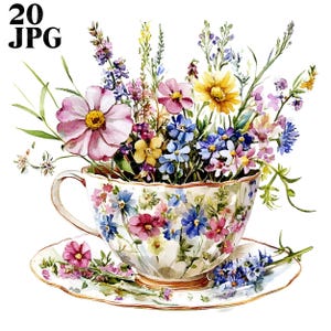 20 fleurs sauvages dans une tasse à thé des cliparts, floral tasse à thé, des cliparts de fleurs sauvages, tasse à thé vintage, fleurs de printemps, Junk Journal, téléchargement numérique, JPG
