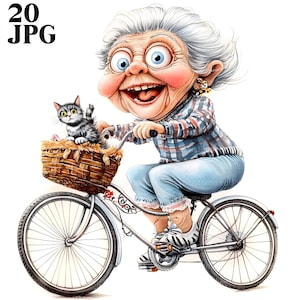 20 clipart engraçados de velhinha em bicicleta, clipart de vovó maluca, mulheres idosas, clipart de aquarela, diário de lixo, download digital, artesanato em papel, JPG
