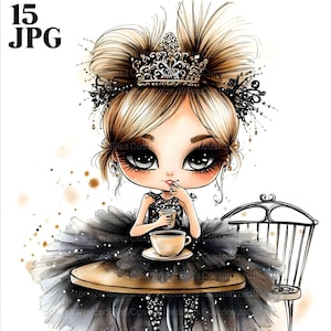 15 Clipart di ragazze, ragazza alla moda in tutù con clipart di caffè, JPG di alta qualità, clipart di acquerelli, diario spazzatura, download digitale, artigianato di carta