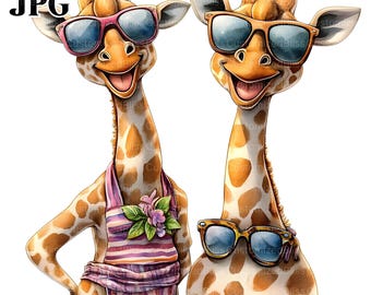 16 imágenes de jirafas de verano, adorable pareja de jirafas playeras con atuendos vacacionales, imágenes de animales divertidos, archivos JPG de alta calidad, descarga digital