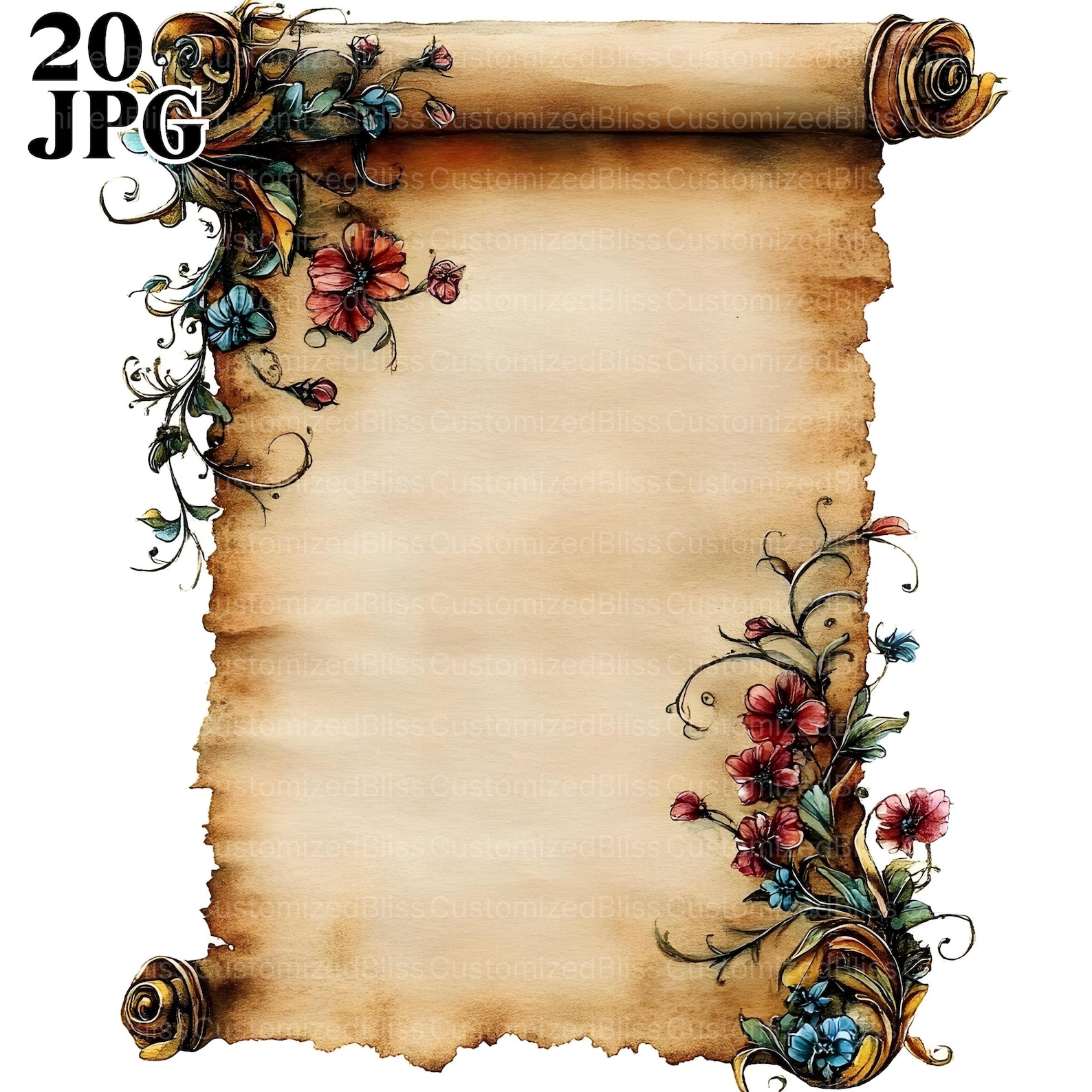 20 Vintage Scroll Clipart, Floral Old Paper, Empty Scroll Paper ...