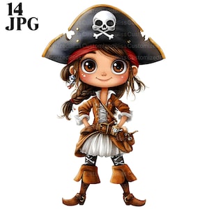 14 schattig piratenmeisje clipart, cartoon piraat kind, kleine piraat clipart, aquarel clipart, ongewenste dagboek, digitale download, Paper Craft, JPG