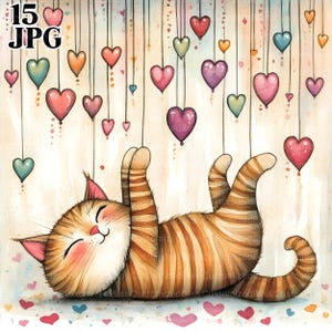 Amoureux des chats clipart, 15 fichiers JPG aquarelle haute résolution pour la journalisation indésirable, fabrication de cartes, téléchargement numérique Saint-Valentin coeur Clipart fantaisiste