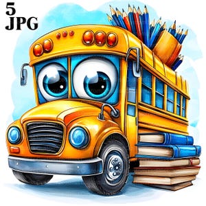 5 Cute Bus Clipart, Adorable School Bus Clipart, School Bus Art, Cute School Supplies, Classroom Decor, High Quality JPGs Watercolor Clipart