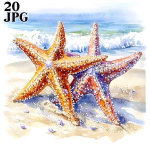 20 Starfish Clipart, Starfish on Beach Clipart, High Quality JPG, Watercolor Clipart, Junk Journal, Digital Download, Paper Craft, Printable