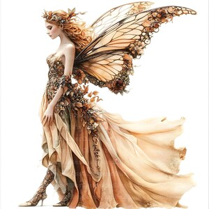 May include: A fairy with long, flowing red hair wears a flowing gown with intricate floral details and delicate butterfly wings. The gown is a soft, warm brown color with hints of gold and white.