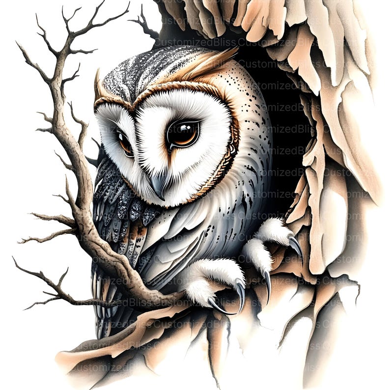 May include: A white and gray owl with brown markings is perched inside a tree trunk. The owl has large, dark eyes and a white face. The tree trunk is textured and has a rough surface.