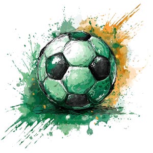 May include: A soccer ball illustration featuring a watercolor style with green and black panels. The design includes vibrant green and orange paint splatters radiating from the ball, creating a dynamic and artistic effect on a white background.