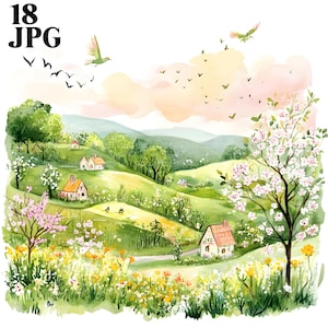 18 Spring Garden Clipart, Spring Clipart, landscape clipart, High Quality JPG, Watercolor Clipart, Junk Journal Digital Download Paper Craft