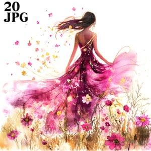 20 Clipart di donna floreale rosa, fiori rosa, donna astratta, clipart di acquerello, JPG di alta qualità da scaricare digitalmente, carta da giornale spazzatura