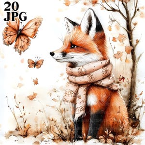 20 Fox And Butterfly Clipart, Fox Clipart, Watercolor Fox, High Quality JPG, Watercolor Clipart, Junk Journal, Digital Download, Paper Craft