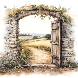May include: A watercolour painting of a stone archway with a wooden door opening to a path leading to a field. The door is open and the path is lined with green grass and trees.