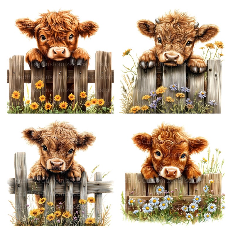 May include: Four adorable brown and white Highland cattle calves peek over a wooden fence with yellow and blue wildflowers in front of them.