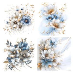 Puede incluir: Cuatro ilustraciones digitales de ramos de flores azules y blancas con detalles dorados. Las flores est&aacute;n dispuestas en una variedad de estilos y se colocan sobre un fondo blanco.