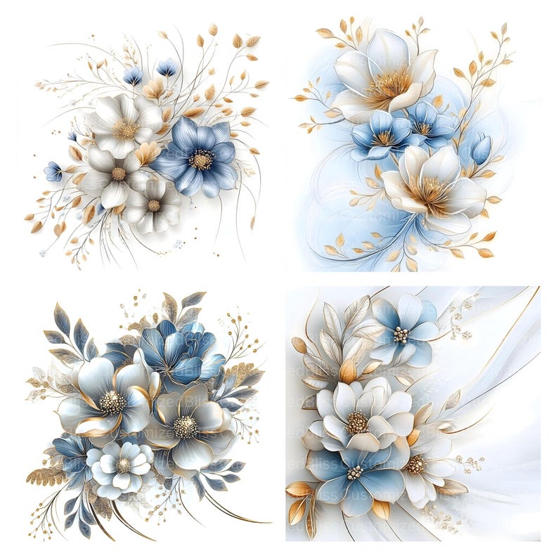 Puede incluir: Cuatro ilustraciones digitales de ramos de flores azules y blancas con detalles dorados. Las flores est&aacute;n dispuestas en una variedad de estilos y se colocan sobre un fondo blanco.