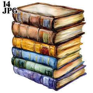 14 Watercolor Books Clipart, Colorful Stack of Books, Library Clipart, Bookworm Clipart, Reading Clipart, High Quality JPG, Digital Download
