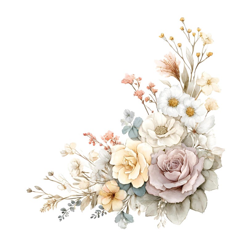 May include: A floral arrangement featuring a large mauve rose, pale yellow roses, and white blossoms. The bouquet includes delicate sprigs of baby's breath, small pink buds, and muted green foliage, all organized in a corner-shaped cluster design.