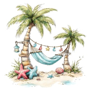 May include: Watercolour illustration of a tropical beach scene featuring two palm trees, a light blue hammock, and various sea-themed decorations. Includes a red starfish, a blue starfish, and a pink seashell on the sand.