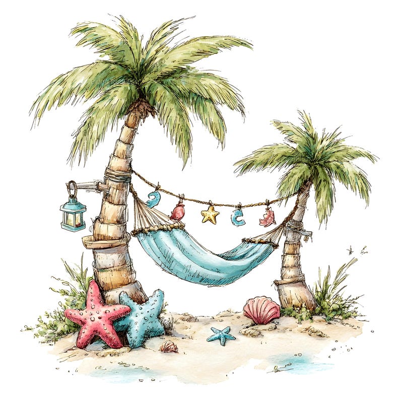 May include: Watercolour illustration of a tropical beach scene featuring two palm trees, a light blue hammock, and various sea-themed decorations. Includes a red starfish, a blue starfish, and a pink seashell on the sand.