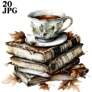20 Tea and Book Clipart, Tea Clipart, Bookworm Clipart, High Quality JPGs, Watercolor Clipart, Junk Journal, Digital Download, Paper Craft