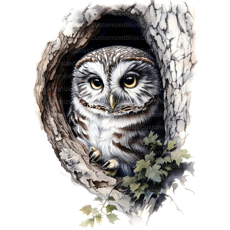 May include: A small brown and white owl with yellow eyes is perched inside a tree trunk. The owl is looking directly at the viewer. The tree trunk is light brown with a rough texture.