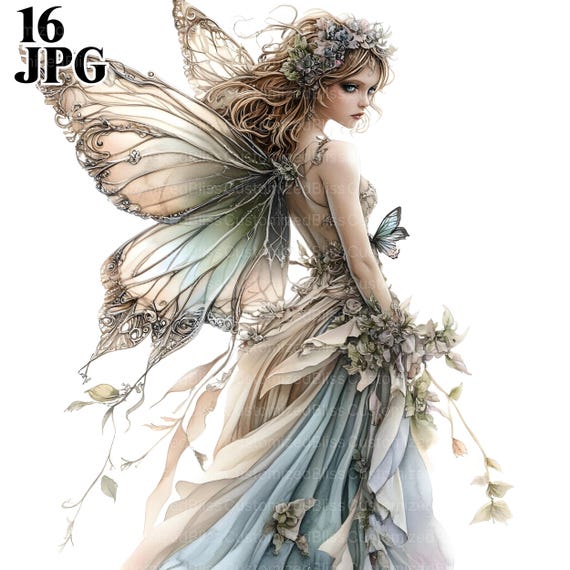 Fairy In Long Dress Clipart Bundle, 16 High Quality JPGs, Fairy Clipart, Watercolor Clipart, Junk Journal, Digital Download, Commercial Use