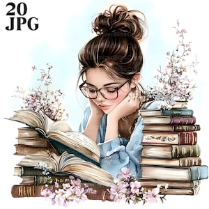 読書好きのクリップアート20点、本を読んでいる女の子のクリップアート、読書のクリップアート、水彩画のクリップアート、ジャンクジャーナル、デジタルダウンロード、ペーパークラフト、JPG