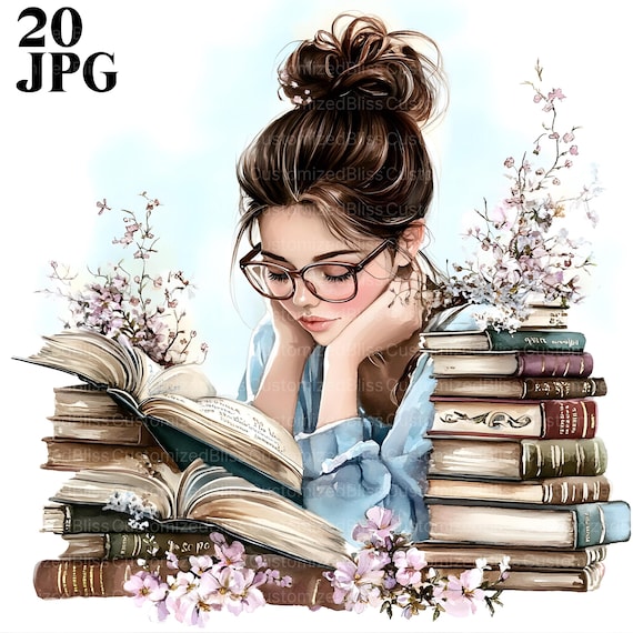 20 Book Lover Clipart, Girl Reading Book Clipart, Reading Clipart, Watercolor Clipart, Junk Journal, Digital Download, Paper Craft, JPG