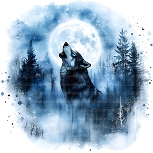 May include: A black wolf howls at the moon in a watercolor painting. The wolf is silhouetted against a full moon and a blue and white watercolor background. The wolf is surrounded by trees.