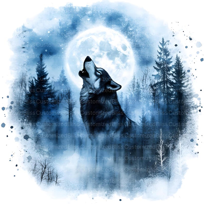 May include: A black wolf howls at the moon in a watercolor painting. The wolf is silhouetted against a full moon and a blue and white watercolor background. The wolf is surrounded by trees.