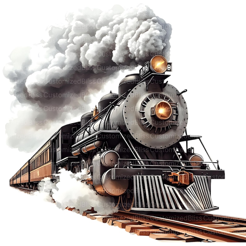 May include: A vintage steam locomotive train with black and silver paint, pulling a long line of passenger cars. The train is emitting smoke and steam, and the front of the locomotive has a large number "0715" on it.