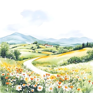 Op de afbeelding: Een aquarel schilderij van een kronkelende weg die door een weelderige groene vallei met glooiende heuvels en een klein dorp in de verte leidt. De vallei is gevuld met wilde bloemen, waaronder madeliefjes en oranje bloemen.