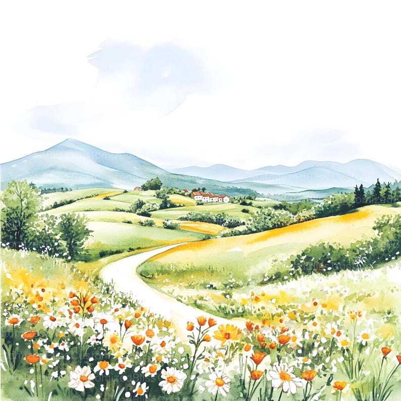 Op de afbeelding: Een aquarel schilderij van een kronkelende weg die door een weelderige groene vallei met glooiende heuvels en een klein dorp in de verte leidt. De vallei is gevuld met wilde bloemen, waaronder madeliefjes en oranje bloemen.