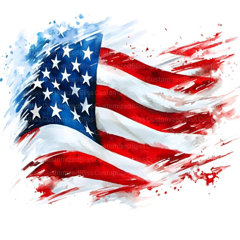 Op de afbeelding: Een aquarel schilderij van een Amerikaanse vlag die in de wind wappert. De vlag is geschilderd in tinten rood, wit en blauw, met een textuur van penseelstreken. De vlag is gedeeltelijk bedekt met een blauwe aquarel spatten.