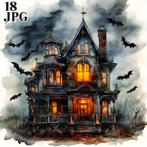 18 Spooky Halloween House Clipart, Halloween Clipart, High Quality JPGs, Watercolor Clipart, Junk Journal, Digital Download, Paper Craft