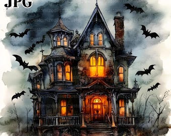 18 Spooky Halloween House Clipart, Halloween Clipart, High Quality JPGs, Watercolor Clipart, Junk Journal, Digital Download, Paper Craft