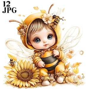 12 cliparts bébé abeille, clipart abeille, bourdon mignon, clipart tournesol, JPG de haute qualité, Junk Journal, téléchargement numérique, créations en papier