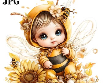 12 Baby Bee Clipart, Honey Bee Clipart, Cute Bumblebee, Sunflower Clipart, High Quality JPGs, Junk Journal, Digital Download, Paper Craft