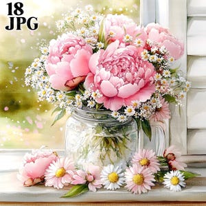 May include: A watercolour painting of a bouquet of pink peonies and white daisies in a clear glass jar. The jar sits on a windowsill with additional pink daisies. The image includes the text "18 JPG".