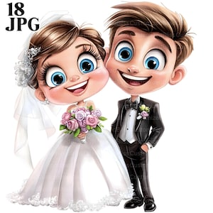 May include: A cartoon illustration of a smiling bride and groom on their wedding day. The bride wears a white wedding dress and veil, holding a bouquet of pink roses. The groom is in a black tuxedo. The image has the text "18 JPG" in the upper left corner.