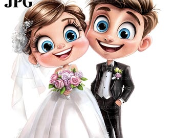 18 Wedding Couple Clipart, Cartoon Bride and Groom, Cute Couple Illustration, Junk Journal, Digital Download, Paper Craft, Watercolor JPG