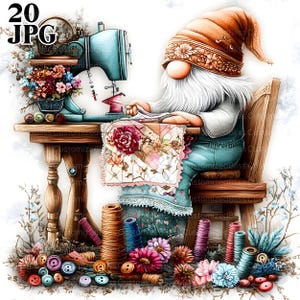 20 Sewing Gnome Clipart, Sewing Clipart, Gnome Clipart Bundle, Watercolor Gnome, Gnome Graphics, Whimsical Gnome, Cute Gnome Clipart, JPG
