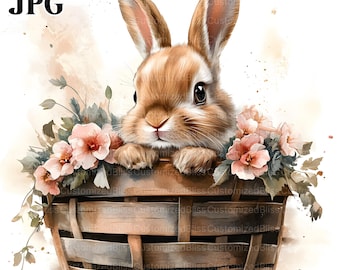 14 Easter Bunny Clipart, Easter Clipart, Spring Clipart, Flower Clipart, High Quality JPG, Watercolor Clipart, Junk Journal Digital Download