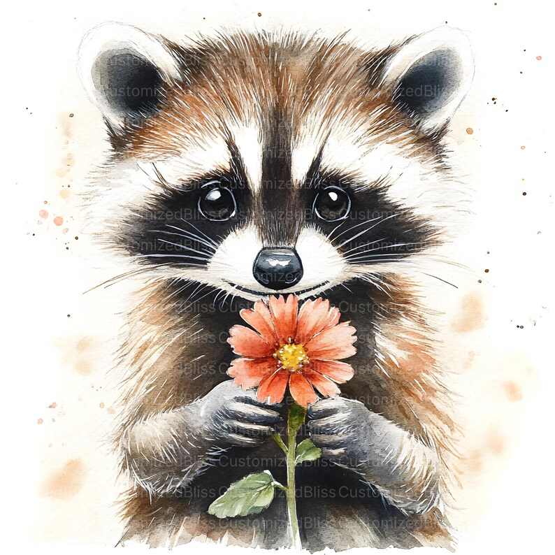 Puede incluir: Una pintura de acuarela de un mapache sosteniendo una flor rosa. El mapache tiene una m&aacute;scara negra y est&aacute; mirando al espectador. El fondo es blanco con salpicaduras de color marr&oacute;n claro.