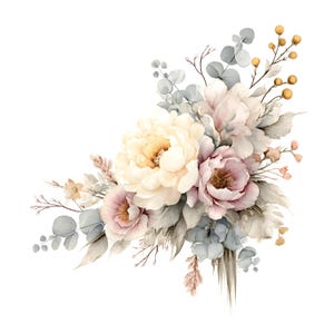 May include: A floral arrangement featuring large cream and soft pink peonies, accented with dusty blue eucalyptus leaves, delicate dried grasses, and small golden-yellow berries, all clustered together in a decorative botanical composition.