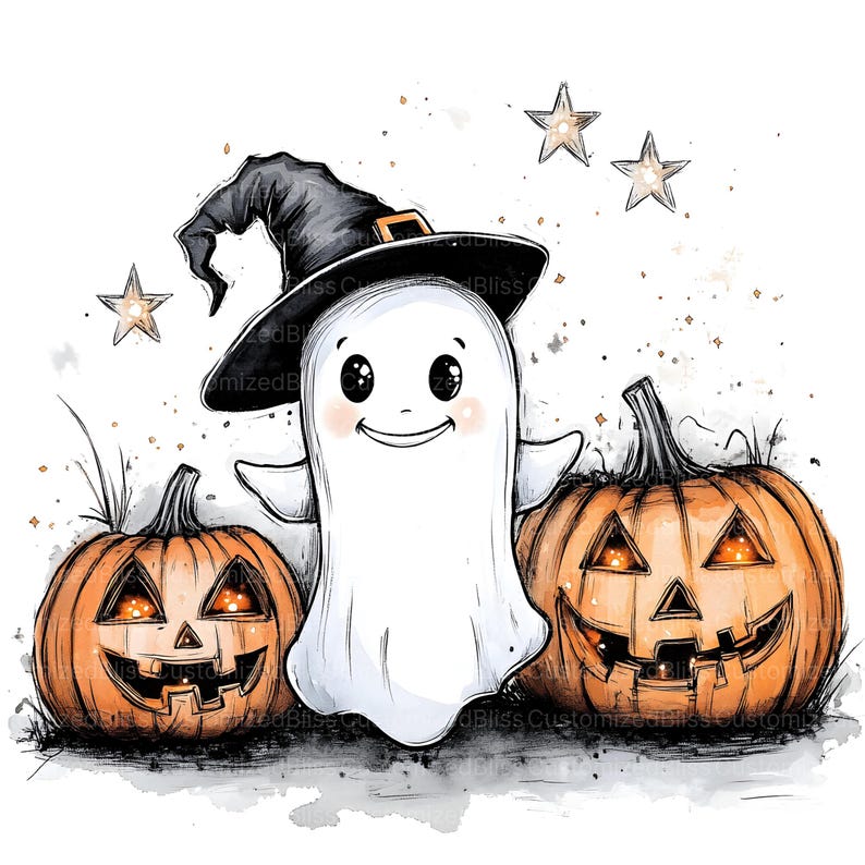 May include: A whimsical Halloween illustration featuring a friendly ghost wearing a witch hat, flanked by two carved orange pumpkins with glowing eyes and mouths. Three star-shaped accents are scattered above.